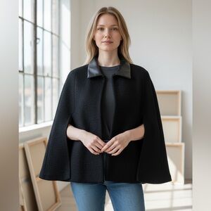 NWT House of Harlow 1960 Black Cape Capelet Poncho Faux Leather Collar Shrug OS